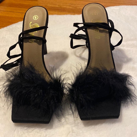 Ankle Tie Feathered Heels - Picture 2 of 4